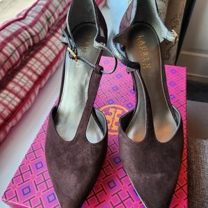 Ralph Lauren, Brand New brown suede shoes with metallic trim Size 7 M.